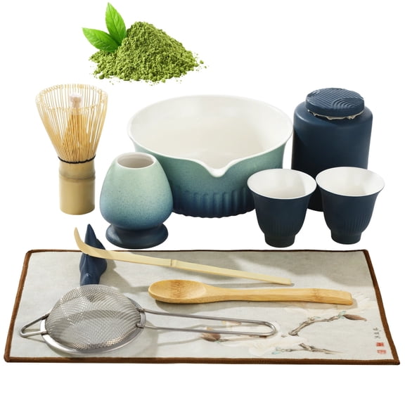 Matcha Whisk Set, 11 Pcs Ceramic Matcha Making Set, Blue Gradient Tea Bowl with Cups, Whisk, Scoop, Spoon, Holder, Tea Canister, Sifter, Towel, Scoop Rest