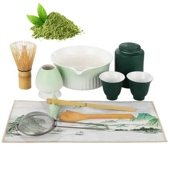 Matcha Whisk Set, 11 Pcs Ceramic Matcha Making Set, Green Gradient Tea Bowl with Cups, Whisk, Scoop, Spoon, Holder, Tea Canister, Sifter, Towel, Scoop Rest
