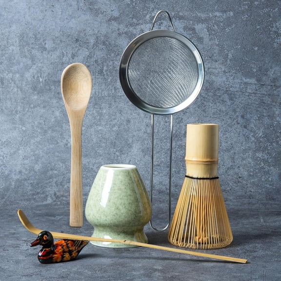 Matcha Whisk Set, 6 Piece Matcha Making Kit with Whisk, Ceramic Whisk Holder, Bamboo Scoop, Powder Starter Sifter, Spoon