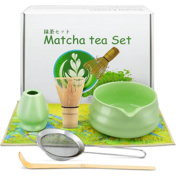 Matcha Whisk Set, 6PCS Matcha Set Includes 17 OZ Matcha Bowl with Spout, Bamboo Matcha Whisk, Bamboo Scoop, Scoop Rest, Sifter and Tea Towel, Matcha Kit for Ceremony, Gift for Matcha Lovers