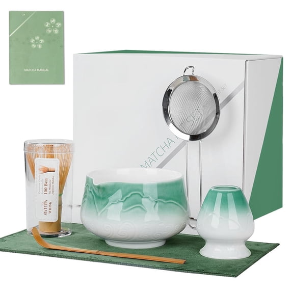 Matcha Whisk Set 6pcs Includes Ceramic Bowl And Chasen Holder Scoop 304 Stainless Sifter & Tea Mat Kit For Ceremony Blue