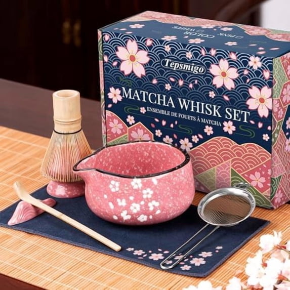 Matcha Whisk Set, 7 PCS Ceramic Matcha Sets with Bowl, Bamboo Whisk and Holder, Towel, Sifter, Bamboo Scoop, Scoop Rest, Christmas Gifts for Tea Lovers, Birthdays New Year Gifts for Women Mom Pink