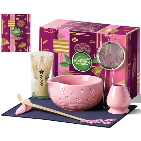 Matcha Whisk Set,7-PCS Matcha Set Whisk & Bowl Kit - 19OZ/560ml Ceramic Matcha Bowl with Spout - Matcha Starter Making Kit Ceremony Gift for Japanese Tea Lovers/Kitchen/Office (Pink)
