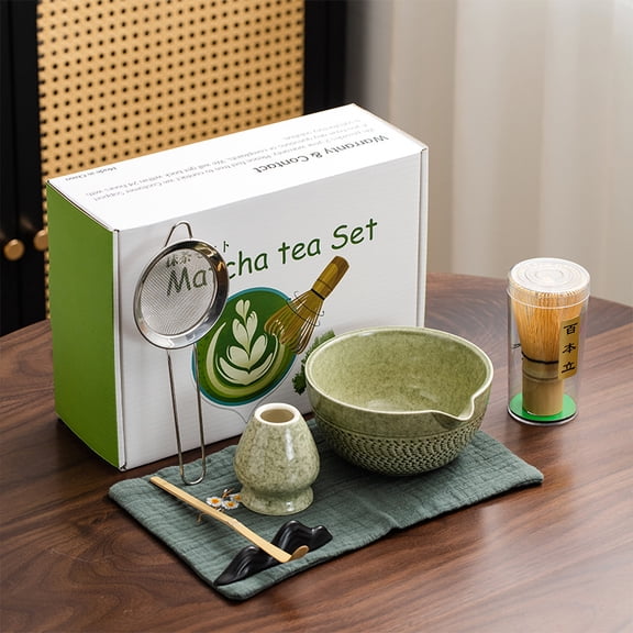 Matcha Whisk Set,7 Pcs Ceramic Set Includes Matcha Bowl,Matcha Whisk and Holder, Bamboo Scoop, Scoop Rest, Sifter and Tea Towel, Perfect Kit for Matcha lovers