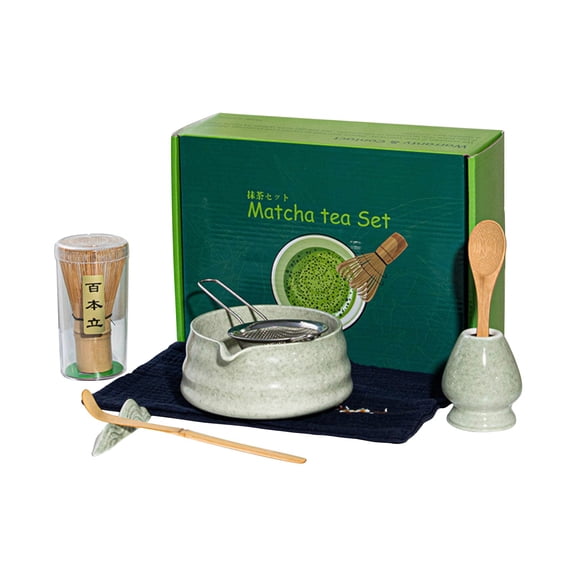 Matcha Whisk Set, 7-Piece Ceramic Matcha Kit Includes Bowl, Whisk, Holder, Scoop, Rest & Tea Towel, Traditional Handmade Tools for Authentic Japanese Tea Ceremony at Home