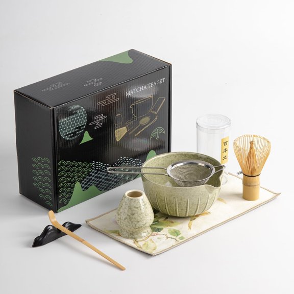 Matcha Whisk Set - 7 count matcha kit ,Matcha Bowl with Spout, Whisk with Ceramic Holder, Macha Scoop and Sifter, Matcha Kit for Ceremony, for Matcha Lovers Green matcha set