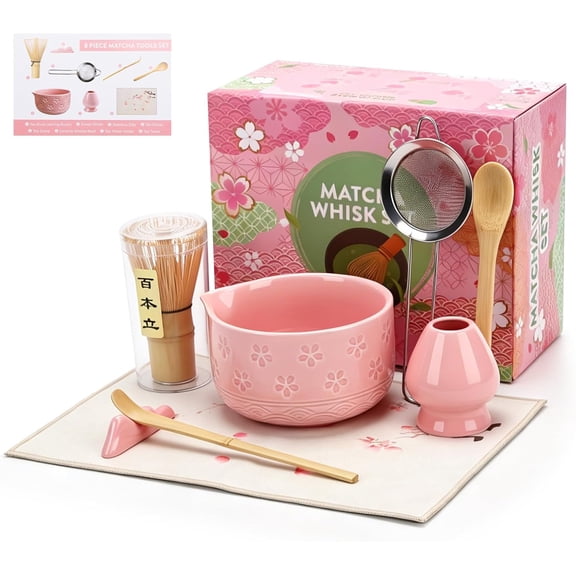 Matcha Whisk Set 8 Pcs Complete Matcha Starter Kit With Ceramic Bowl, Bamboo Whisk, Holder, Spoon, Sifter, Spoon Stand For Matcha Lovers Ceremonial Gift Set