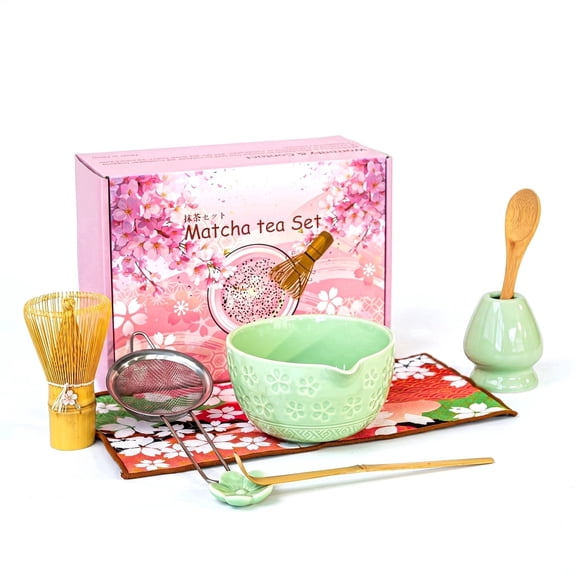 Matcha Whisk Set, 8-Piece Matcha Lovers Kit with Ceramic Bowl, Whisk, Holder, Wood Spoon, Bamboo Scoop, Scoop Rest, Sifter and Tea Towel,Green