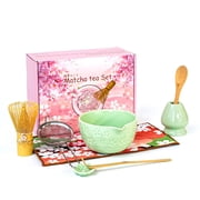 Matcha Whisk Set, 8-Piece Matcha Lovers Kit with Ceramic Bowl, Whisk, Holder, Wood Spoon, Bamboo Scoop, Scoop Rest, Sifter and Tea Towel,Green
