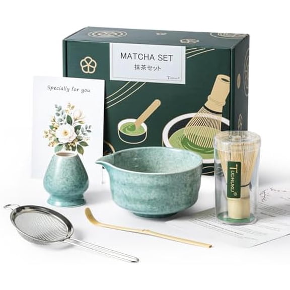 Matcha Whisk Set - Bamboo Whisk and Holder, Bowl with Spout (17 oz), Matcha Sifter and Scoop, 5 Pcs Cute Matcha Kit Set Gift for Matcha Lovers (Bluish Green)