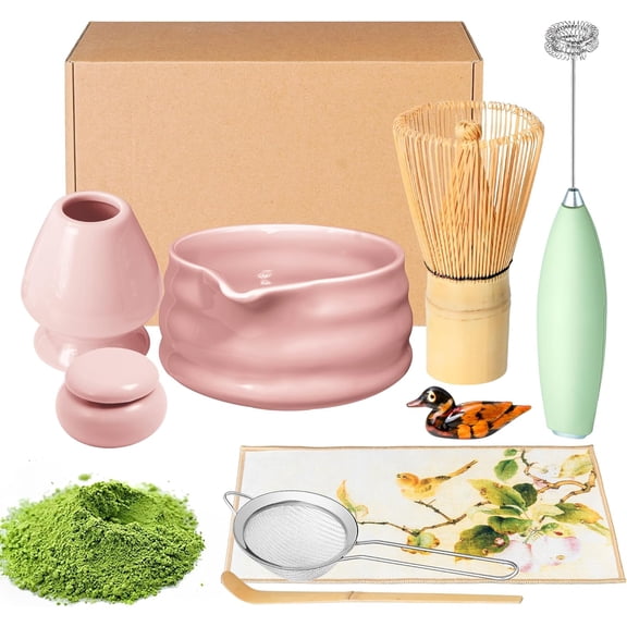 Matcha Whisk Set and Bowl, Matcha Making Kit Whisk, Bowl With Spout, Sifter, Ceramic Whisk Holder, Spoon Japanese Tea Powder Starter Tools For Ceremony Gift (Pink, 9 Pack)