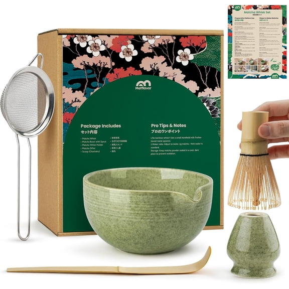 Matcha Whisk Set, Ceramic Bowl Matcha Kit & Handcrafted Bamboo Chasen, Complete 5 Pcs Matcha Set Whisk and Bowl, Stainless Steel Sifter, Bamboo Scoop & Holder for Matcha Lovers