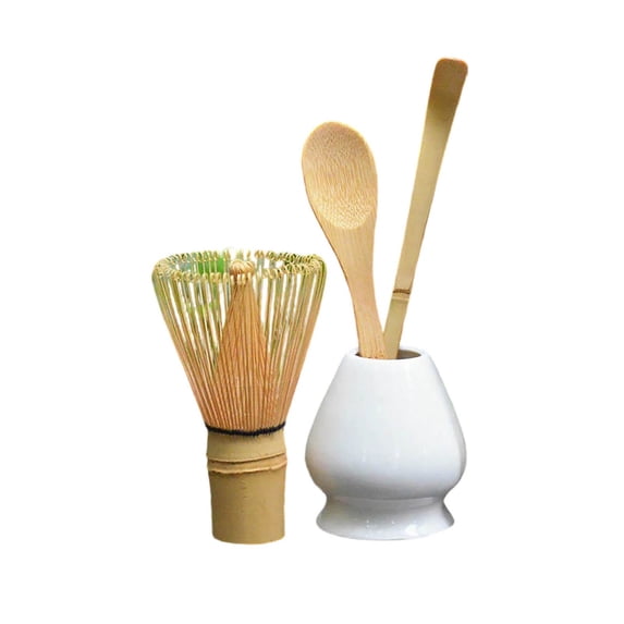 Matcha Whisk Set with Ceramic Holder - 4 Piece Japanese Tea Ceremony Set Includes Bamboo Chasen Whisk, Scoop, Spoon & Stand for Traditional Matcha Preparation