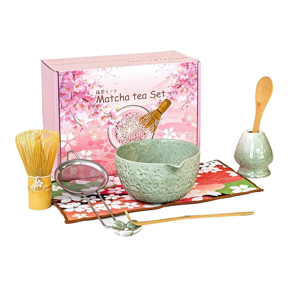 Matcha Whisk Set, Ceramic Matcha Kit Set Includes Ceramic Bowl, Bamboo Whisk, Scoop, Sifter, Holder & Tea Towel,8 Pcs Matcha Kit for Beginners and Enthusiasts