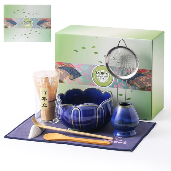 Matcha Whisk Set, Ceramic Matcha Set 8 Pcs, Matcha Kit Set Includes Matcha Bowl, Matcha Whisk and Holder, Bamboo Scoop and Rest, Sifter and Tea Towel, Ideal Gift for Family/Friend (Navy Blue)
