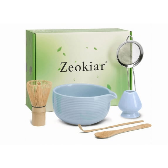 Matcha Whisk Set, Ceramic Matcha Set Includes Matcha Bowl, Matcha Whisk (Chasen) and Holder, Sifter, Bamboo Scoop & Spoon - 6 Pcs Matcha Kit for Matcha Lovers Cyan