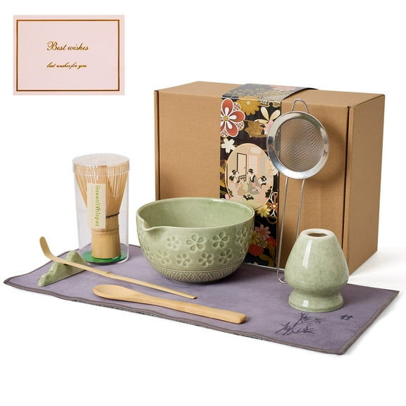 Matcha Whisk Set, Ceramic Matcha Set Includes Matcha Bowl, Matcha Whisk and Holder, Bamboo Scoop, Scoop Rest, Bamboo Spoon,Sifter and Tea Towel,Mottled Green01, 8pcs/set,Bowl entry-level Set)