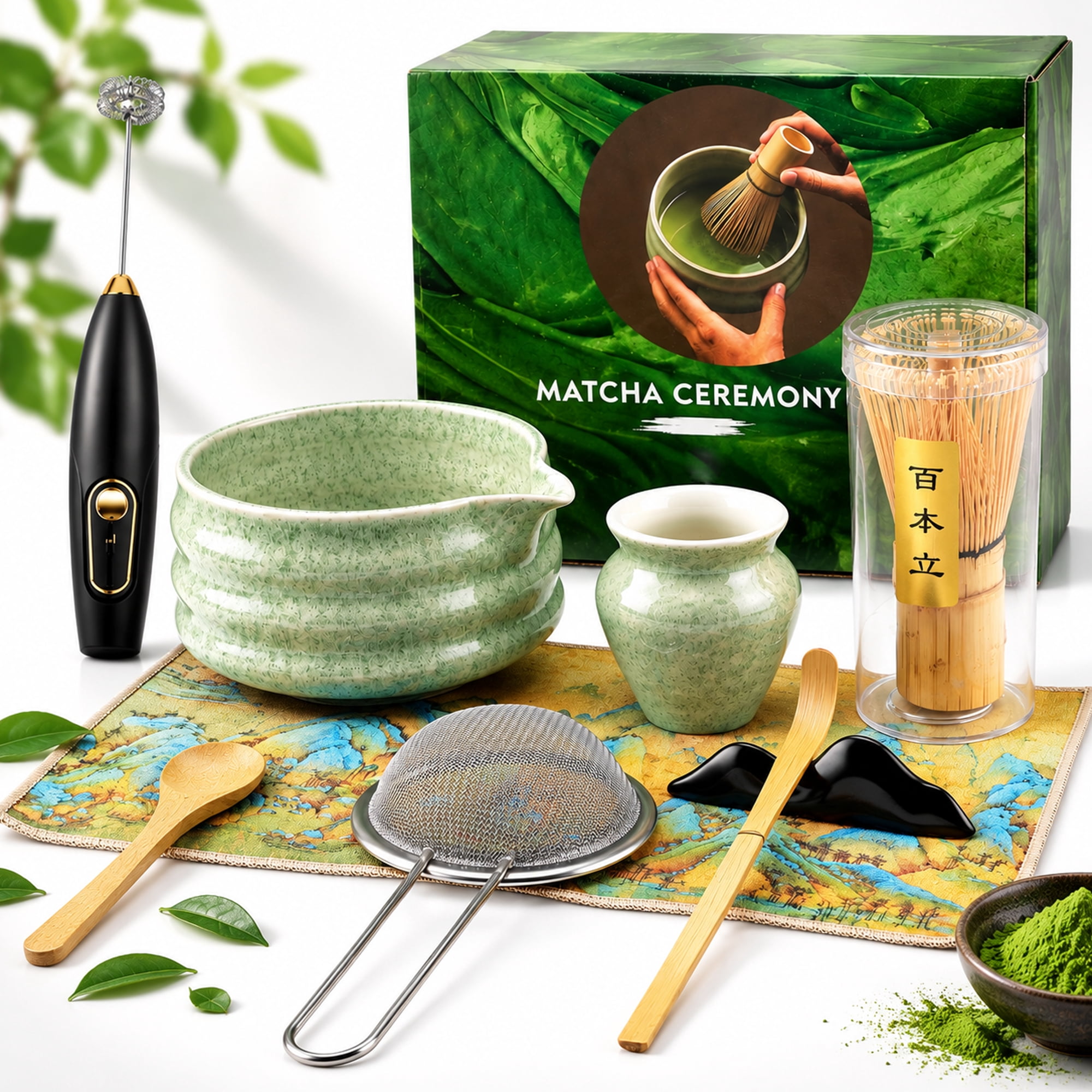 Matcha Whisk Set, Ceramic Matcha Set Includes Matcha Bowl, Matcha Whisk and Holder, Bamboo Scoop, Scoop Rest, Matcha Sifter Tea Towel and Milk Frother - 8 Pcs M
