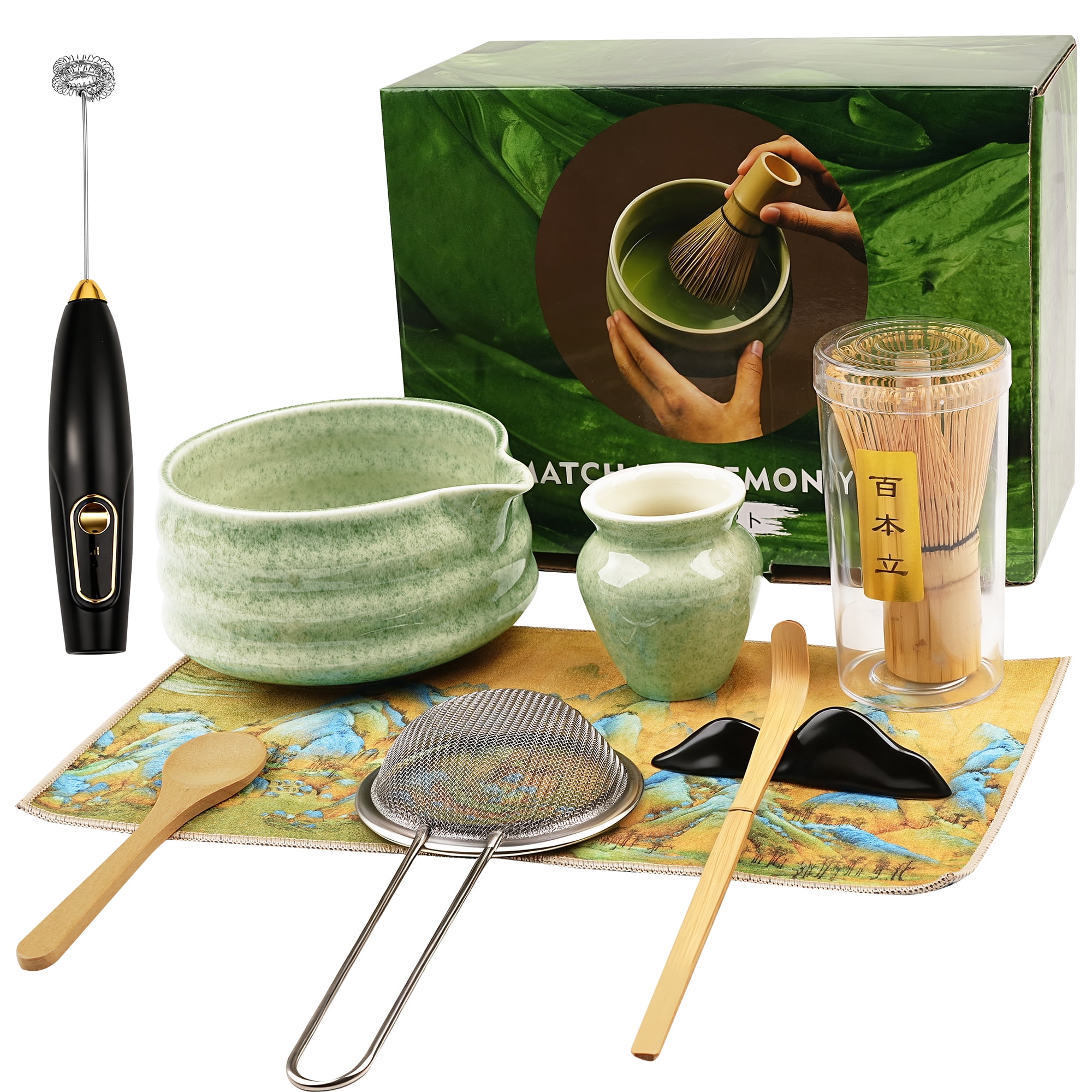 Matcha Whisk Set, Ceramic Matcha Set Includes Matcha Bowl, Matcha Whisk and Holder, Bamboo Scoop, Scoop Rest, Matcha Sifter Tea Towel and Milk Frother - 8 Pcs Matcha Tea Kit for Matcha Lovers