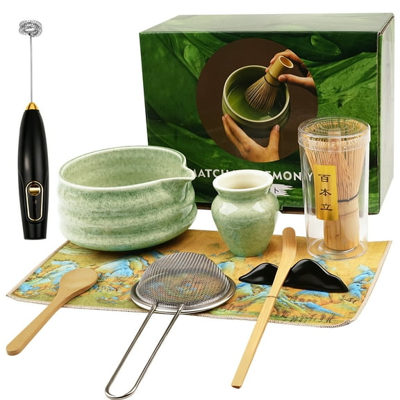 Matcha Whisk Set, Ceramic Matcha Set Includes Matcha Bowl, Matcha Whisk and Holder, Bamboo Scoop, Scoop Rest, Matcha Sifter Tea Towel and Milk Frother - 8 Pcs Matcha Tea Kit for Matcha Lovers