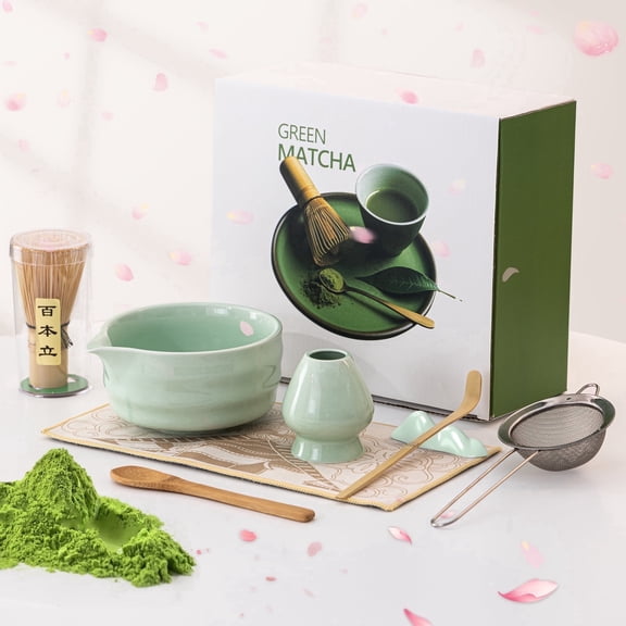 8 Pcs Matcha Whisk Set, Ceramic Matcha Kit Set Includes Matcha Bowl, Matcha Whisk and Holder, Bamboo Scoop,Wood Spoon,Scoop Rest, Sifter and Tea Towel-for Matcha Lovers