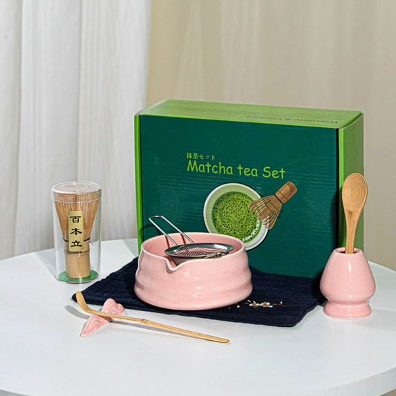 Matcha Whisk Set Ceramic Matcha Set Includes Matcha Bowl Matcha Whisk And Holder Rest And Tea Towel 7 Pcs Matcha Kit For Matcha Lovers/ Matcha Tea Set 7-Piece Pink