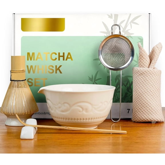 Matcha Whisk Set, Ceramic Matcha Set Kit, 7 count Includes Bowl, Whisk and Holder, Scoop, Scoop Rest, Strainer and Towel (Freedom White)
