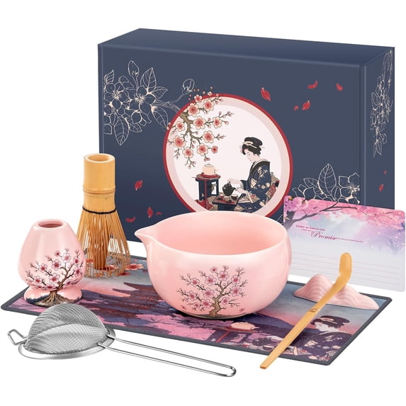 Matcha Whisk Set, Cherry-Blossom Matcha Set Making Kit Includes Ceramic Matcha Bowl, Whisk and Holder, Bamboo Scoop, Scoop Rest, Sifter, Greeting Card and Tea Towel - 8 Pcs Matcha Set Pink