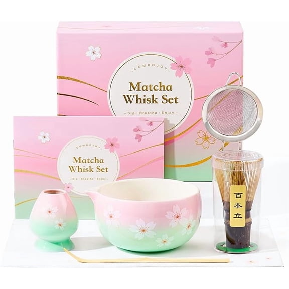 Matcha Whisk Set Japanese Tea Ceremony Kit with Ceramic Bowl, Purple Bamboo Whisk (Chasen), Holder, Sifter & Scoop Complete Matcha Kit, Women Gifts for Tea Lovers