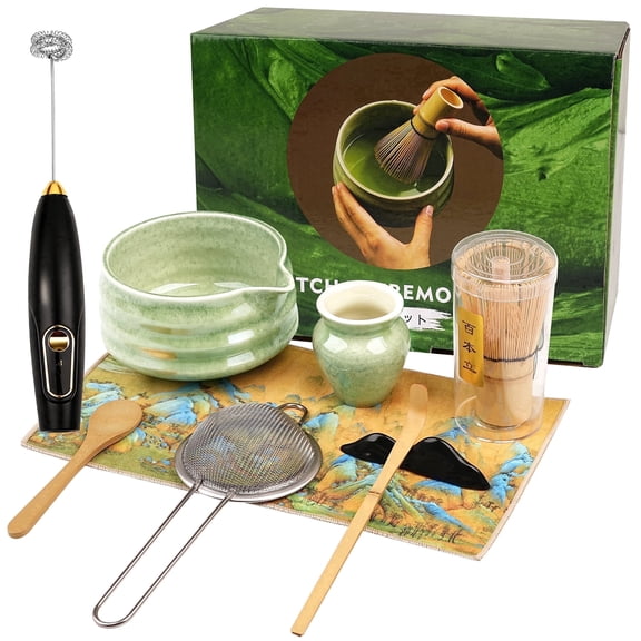 Matcha Set, 9-Piece Matcha Whisk Set and Matcha Kit with Spouted Matcha Bowl, Bamboo Whisk, Electric Milk Frother, Sifter, Whisk Holder, Scoop, Scoop Rest, and Tea Towel for Matcha Lovers
