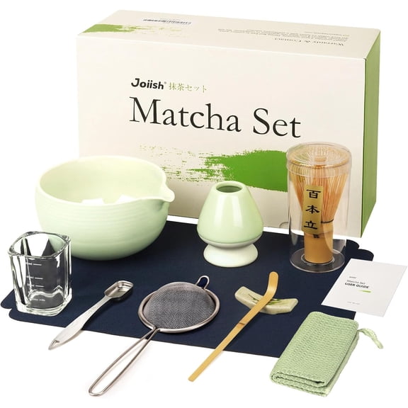 Matcha Whisk Set, Matcha Kit 10-Pcs, Bamboo Whisk and Ceramic Bowl with Spout & Measuring Spoon & Cup, Japanese Ceremony Matcha Tea Powder Making Tools, Light Green