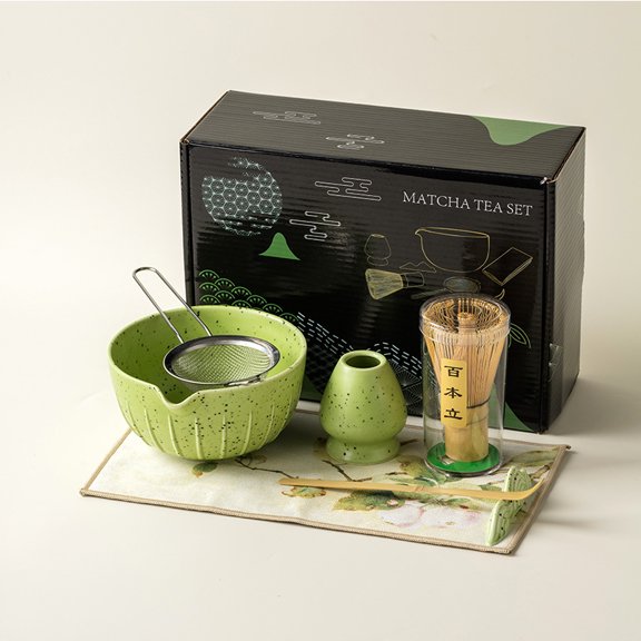 Matcha Whisk Set, Matcha Set Includes Bowl, Whisk and Holder, Sifter, Scoop, Spoon Rest, Tea Towel - 7 Pcs Matcha Kit for for Matcha Lovers, Gift for Christmas, Birthday