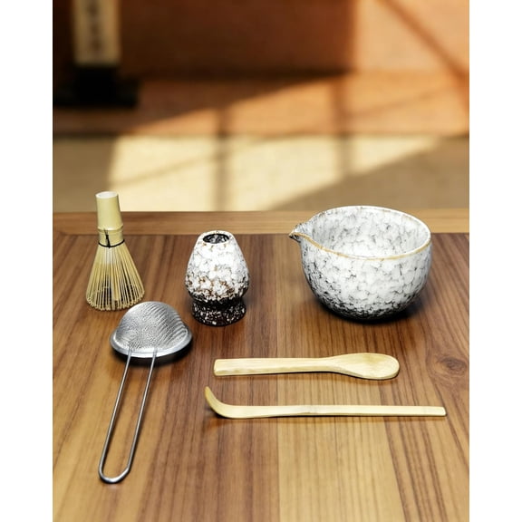 Matcha Whisk Set-Matcha Starter Kit with Bowl and Whisk,Complete Matcha  Set with  Whisk,Scoop,Spoon,Sifter & Holder,Includes Step-by-Step Guide,Matcha Making Kit for Beginners,White