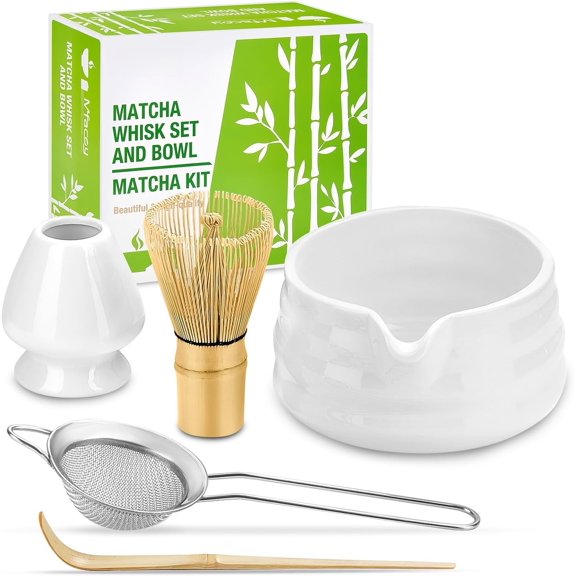 Matcha Whisk Set, Set (5pcs) includes Matcha Bowl with Spout (19 oz), Whisk and Matcha Scoop, Whisk Holder, Stainless Steel Sifter, Making Tools, Matcha Kit
