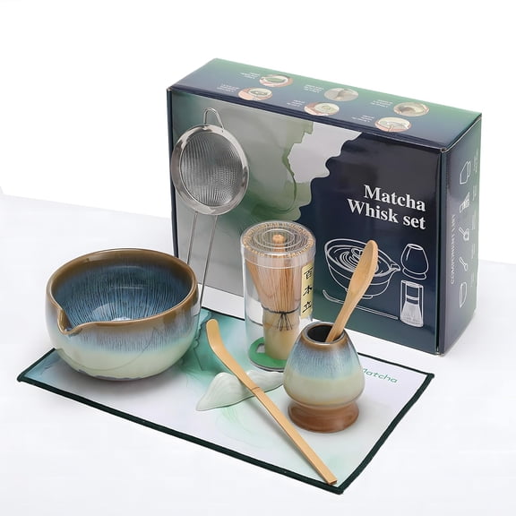 Matcha Whisk Set for Tea Lovers 8Pcs Ceramic Matcha Tea Set with Bamboo Whisk, Bowl, Scoop & Holder - Gift for Starter Friend Family Traditional Japanese Tea Ceremony and Breakfast