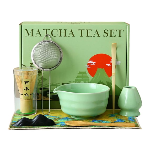 Matcha tool set, 8-Piece Japanese Matcha Whisk and Bowl Kit with Sifter & Stand, Traditional Bamboo Tea Maker Tools for Beginners, Pure Green Ceramic