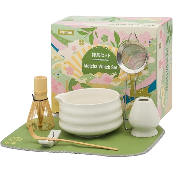 Matcha whisk Set,7 Pcs Matcha Making Kit with whisk Whisk, Ceramic Bowl, Sifter, Scoop, Holder, Stand, and Tea Towel for Ultimate Matcha Experience（Mottled Green）