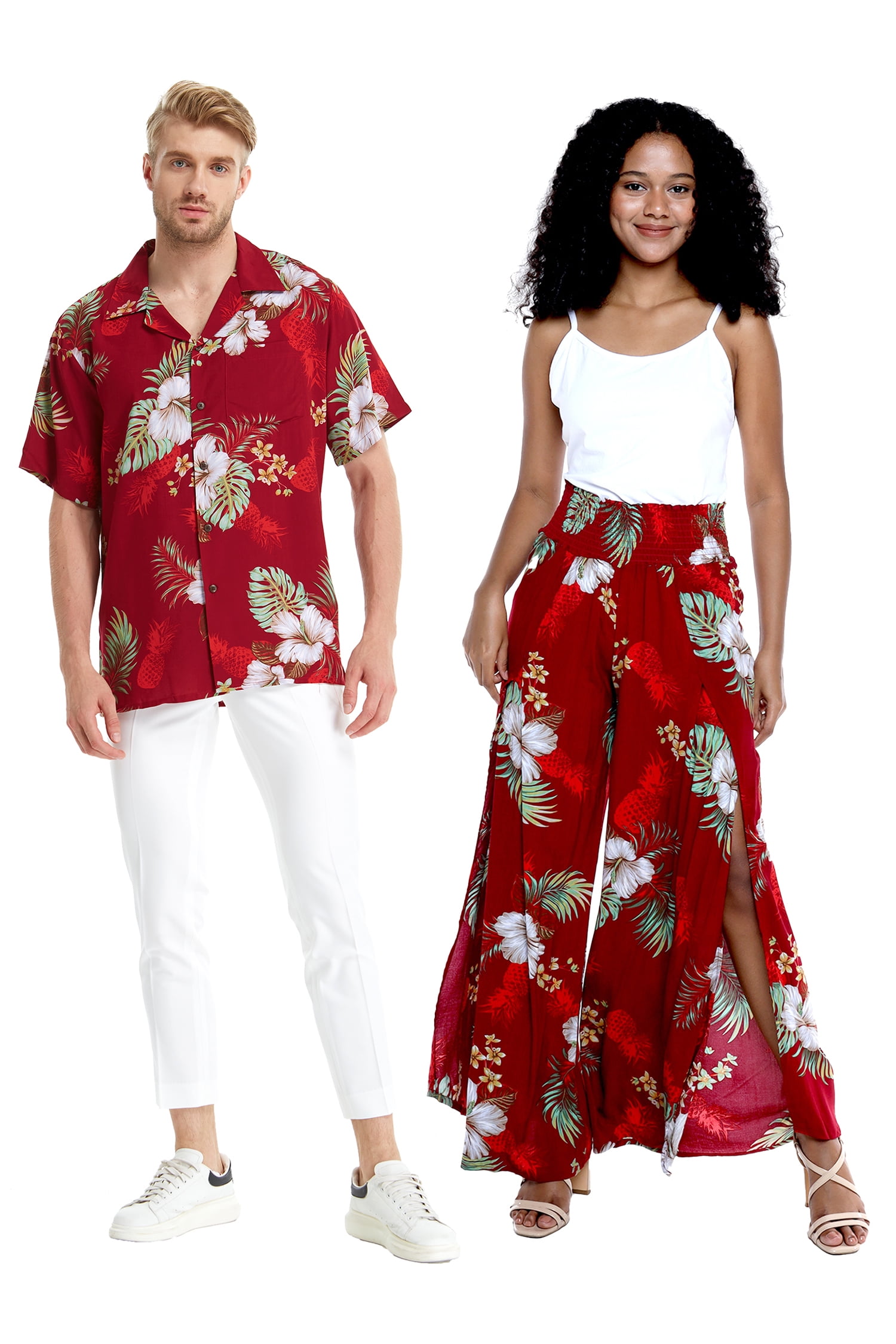 Matchable Couple Hawaiian Luau Shirt in Pineapple Garden Burgundy, Men ...