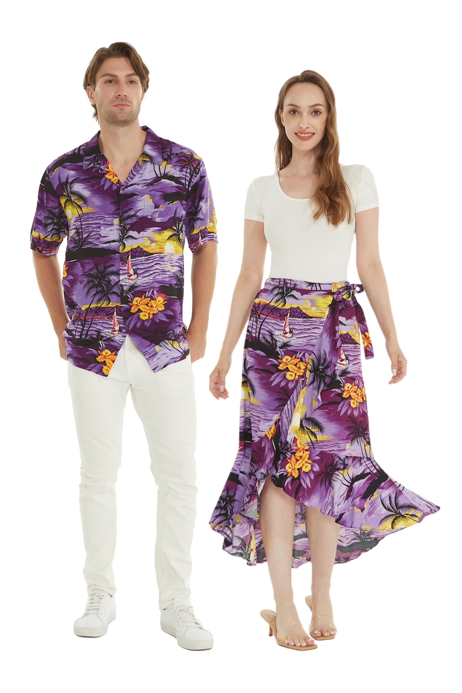 Matching Couple Hawaiian Shirt & Off-Shoulder Top Set - Cream Tropical Floral Print For Luau & Vacation