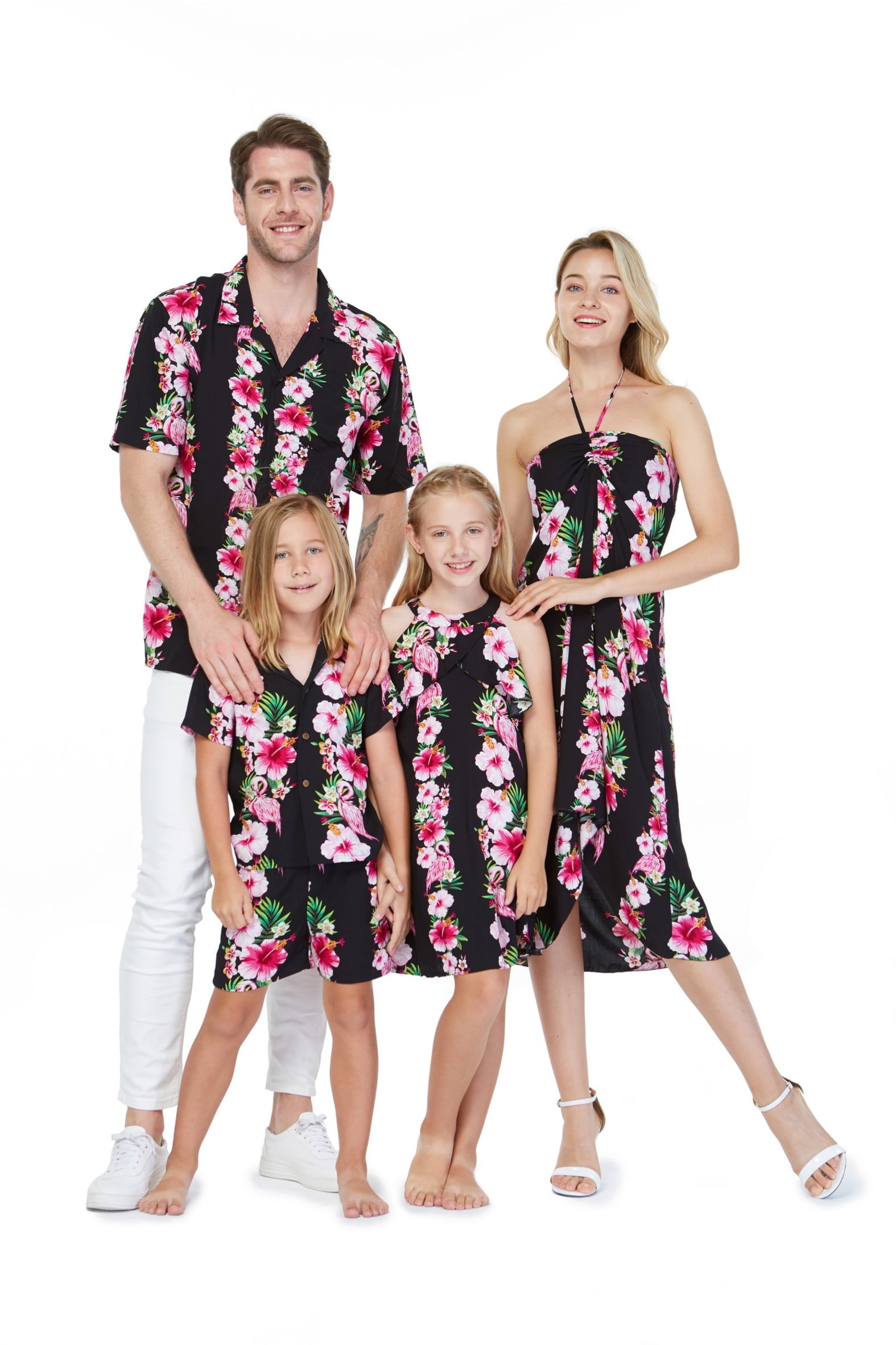 Matchable Family Hawaiian Luau Men Women Girl Boy Clothes in Pink Hibiscus  Vine Black 