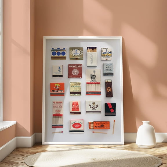 Matchbooks Collage Art Print, Funky Vintage Matches Decor, Retro Bar Cart Wall Art, Unframed Canvas Size 8x12
