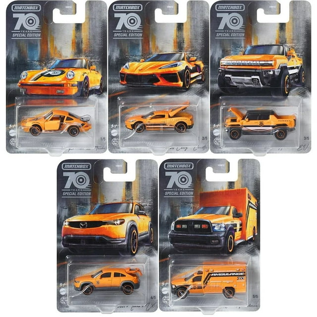 Matchbox 2023 "70th Anniversary" Moving Parts Diecast Car Play Vehicle, Orange, 5 Count, 10.8 oz