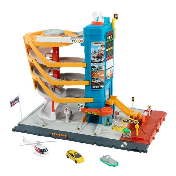 Matchbox Action Drivers Transportation Center with a 1:64 Scale Taxi, Boat & Helicopter Plus a Food Vendor Accessory (3 Vehicles, 1 Accessory)