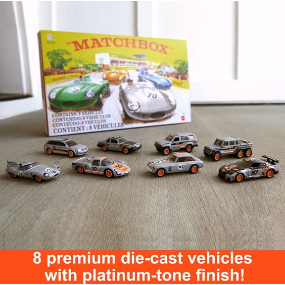 Matchbox Cars, Set of 8 Die-Cast Cars in 1:64 Scale with Matchbox 70th Anniversary Finish