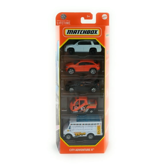 Matchbox City Adventure II 5 Car Pack 1:64 Scale Die Cast Vehicles - Cadillac Escalade, Mercedes-Benz GLE Coupe, Honda Civic, Meter Made, and Chow Mobile