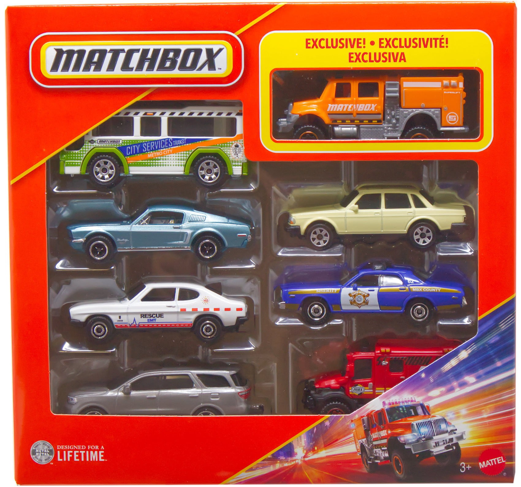 Matchbox City Bus, '68 Ford Mustang Fastback, '70 Ford Captri RS 2600, '18 Dodge Durango, International Workstar, '68 Volvo 240, '78 Dodge Monaco Police & 4x4 Scrambulance Diecast Car 8-Pack
