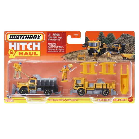 Matchbox Collectible Die-Cast Metal Vehicle Hitch & Haul Set - HVP28 ~ MBX Construction Zone ~ Road Stripe King and Plowverizer Dumptruck ~ Includes 2 Figures and Accessories