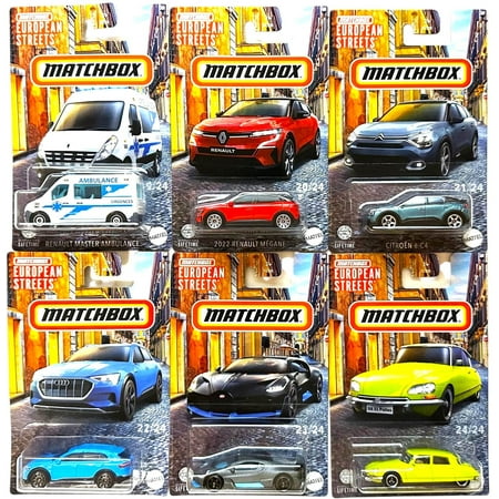 Matchbox European Streets Die-Cast Cars Collection, Set of 6, Featuring Renault Master Ambulance, Renault Megane, Citroen C4, Audi e-tron, Bugatti, Classic Citroen HVV05-979D