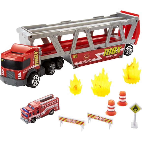 Matchbox Fire Rescue Hauler Playset with Detachable Cab, 1:64 Scale Toy Firetruck & 8 Accessories