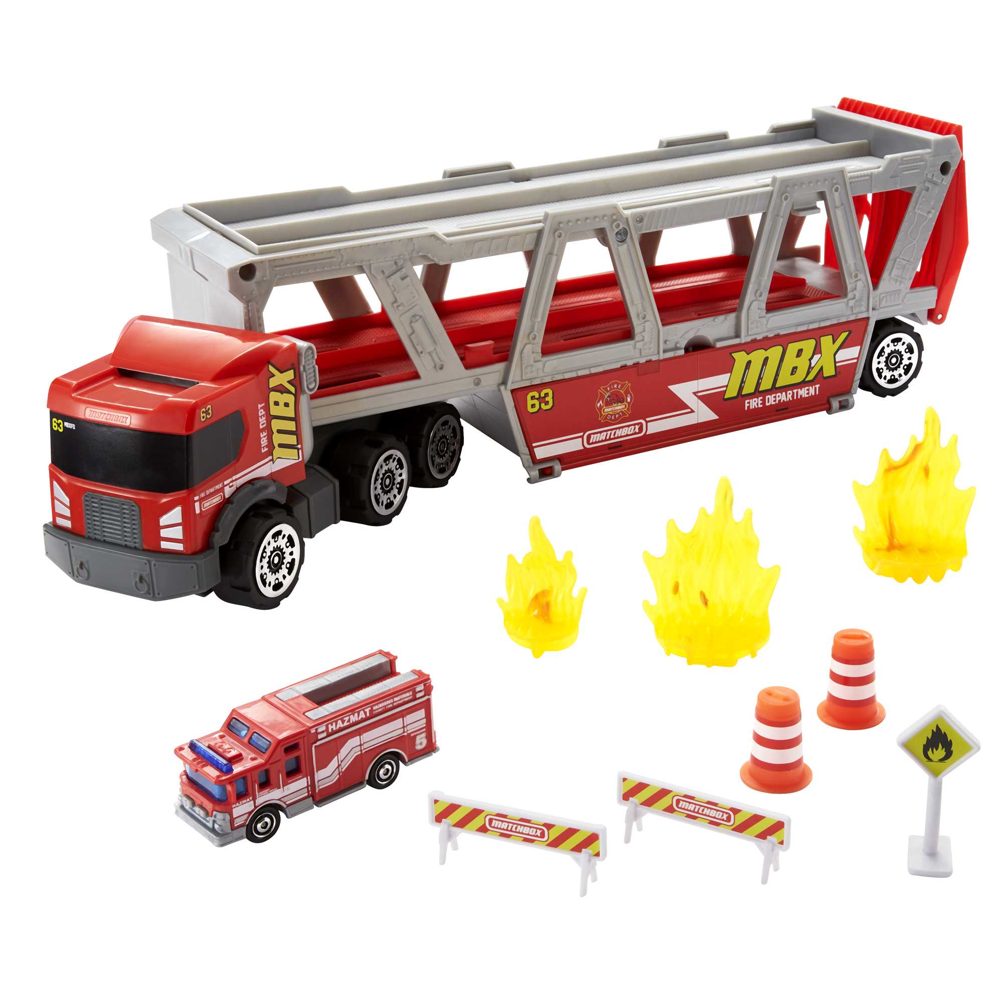 Matchbox Fire Rescue Hauler Playset with Detachable Cab, 1:64 Scale Toy Firetruck & 8 Accessories - image 1 of 10